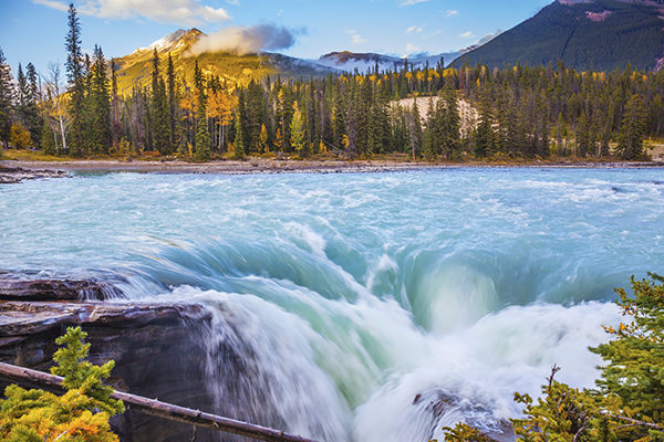 Canada, Jasper National Park. Powerful and scenic Athabasca Falls. Emerald water roars and foams on steep slope