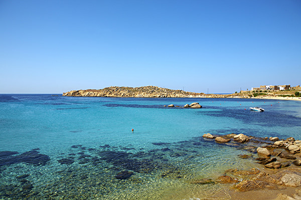 Amazing clear blue waters of the Aegean Sea. Paraga Beach, Mykonos, Greece.