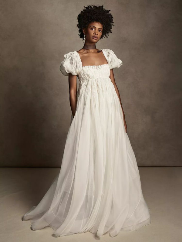  Vestido de noiva 2022, tendência vestido de noiva, bridgerton, decote quadrado, manga bufante, vestido império