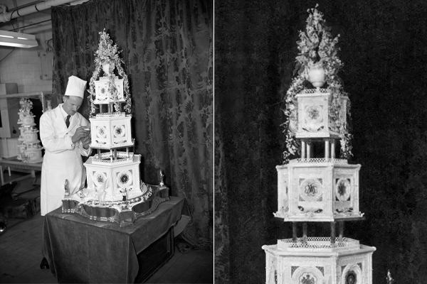 bolo de casamento, bolo de casamento da realeza, bolo branco, casamento da real, casamento da realeza, Princesa Margaret, Antony Armstrong-Jones, bolo de três andares, topo de bolo, monograma, flores