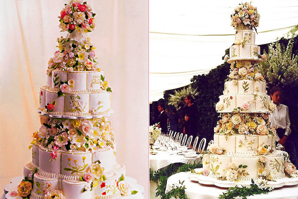 bolo de casamento, bolo de casamento da realeza, bolo branco, casamento da real, casamento da realeza, Marie-Chantal Miller, Príncipe Pavlos da Grécia, bolo de seis andares, topo de bolo, monograma, flores coloridas, bolo colorido, bolo pintado à mão, rosas